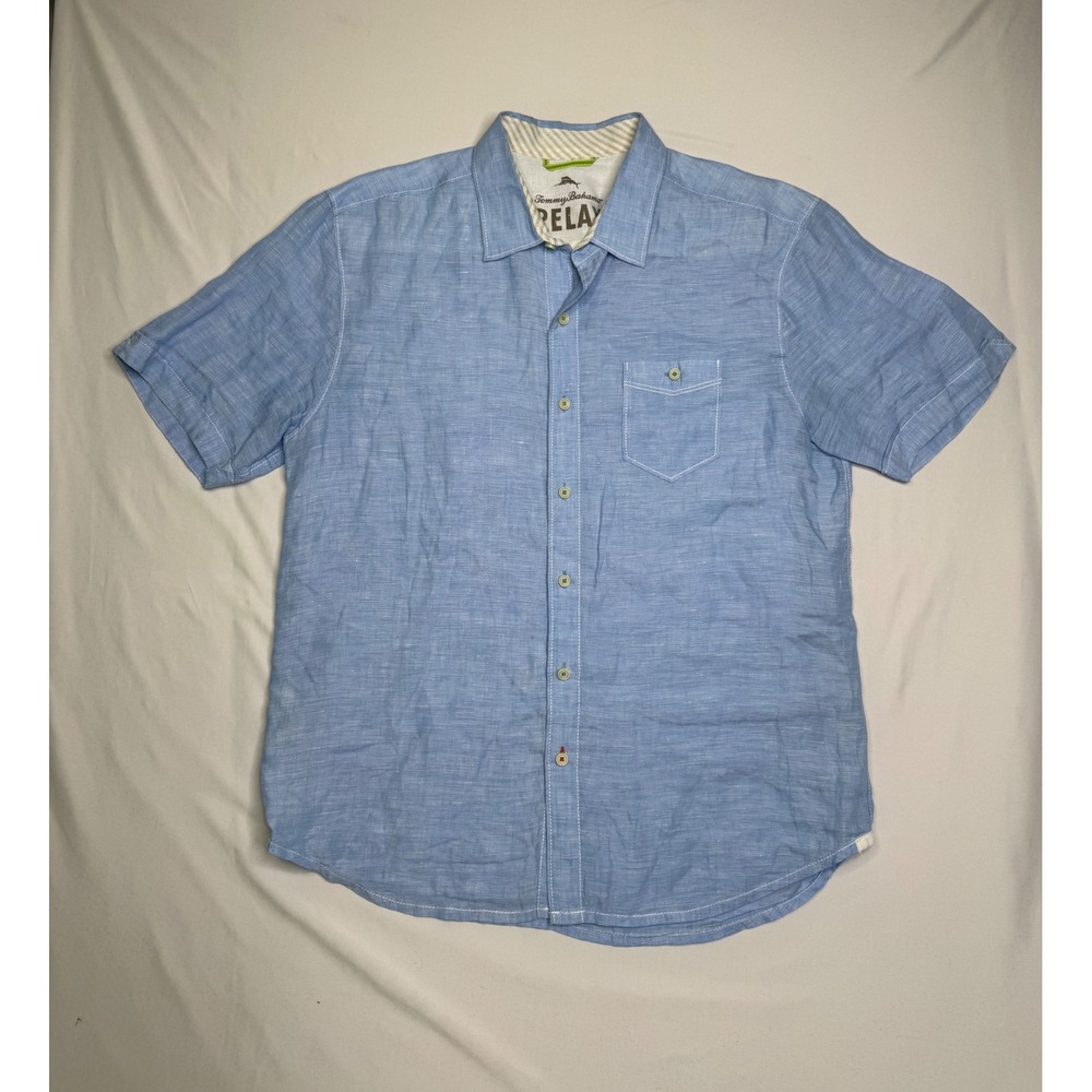 Tommy Bahama Relax Mens Large Blue 100% Linen Short Sleeve Button Down Shirt